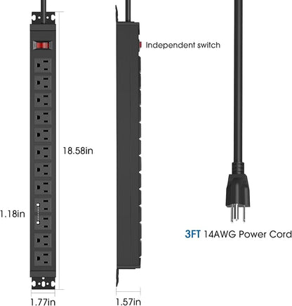 HHSOET Rotating 12 Outlet Surge Protector Power Strip, 1200J, 3FT, Black, 2 | Metal Heavy Duty and Versatile Outlet Strip, Mountable Power Strip Suitable for Households Offices Industries