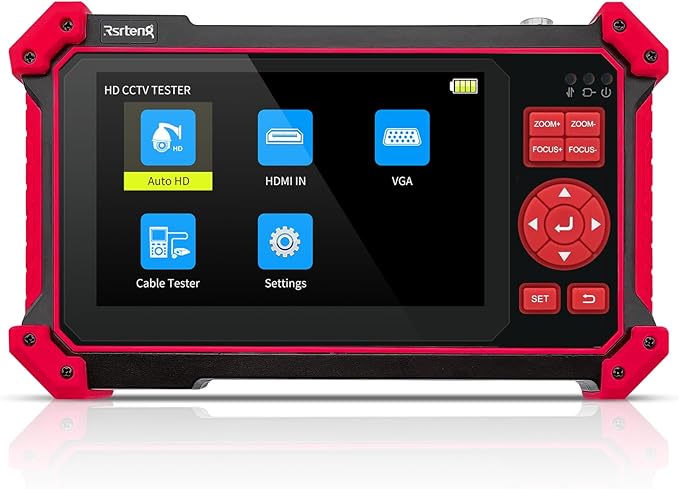Rsrteng CCTV Tester Monitor Auto HD Coaxial Camera Tester 4K 8MP TVI/CVI/AHD/CVBS Video Monitor 5 inch TFT-LCD Screen Support Cable Tester, HD VGA Input PTZ Control RS485 OSD Menu DC12V Power Output