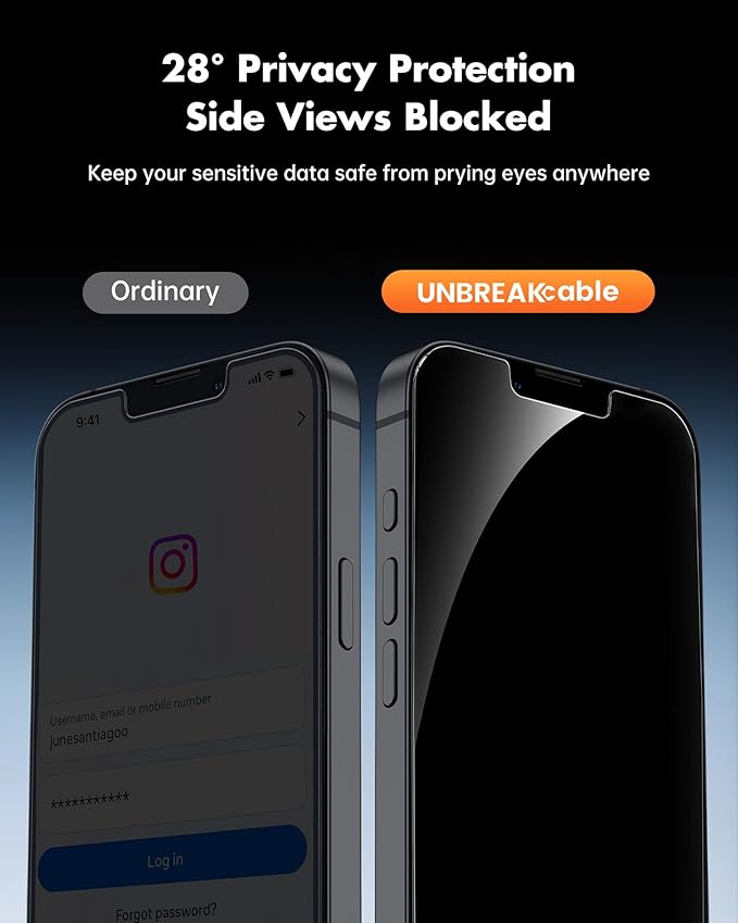 UNBREAKcable Privacy Screen Protector for iPhone 16e, Shatterproof Tempered Glass [True 28°Anti Spy] [9H Hardness] [Easy Installation Frame] Private Protector for iPhone 16e 6.1inch-2 Pack