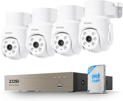 ZOSI 5MP Wired Security Camera System,4pcs 1080p Pan/Tilt 360°View Indoor Outdoor Camera,AI Human Vehicle Detection,Night Vision,Audio Recording,H.265+ 8CH DVR with 500GB HDD for 24/7 Surveillance