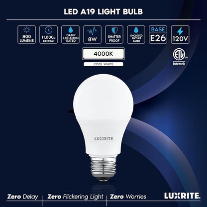 LUXRITE A19 LED Light Bulb 60 Watt Equivalent, Non Dimmable, CRI80, 4000K Cool White, 800LM, Standard LED Light Bulbs 8W, E26 Base, Enclosed Fixture Rated, Damp Rated, ETL Listed (8 Pack)