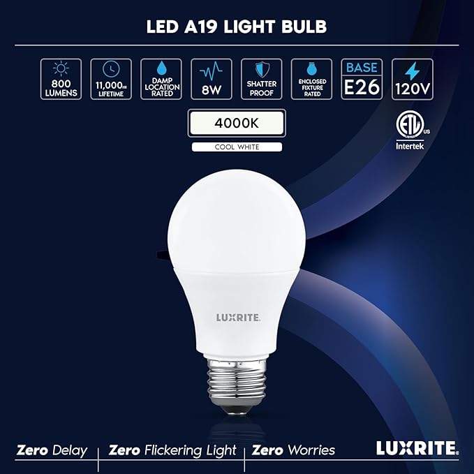 LUXRITE A19 LED Light Bulb 60 Watt Equivalent, Non-Dimmable, 4000K Cool White, 800LM, Standard LED Light Bulbs 8W, E26 Base, Enclosed Fixture Rated, Damp Rated, ETL Listed (24 Pack)