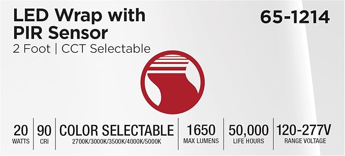 Nuvo 65/1214 LED 2Ft Wrap Linear Ceiling Light with PIR Motion Sensor, 20W, CCT Selectable 2700K/3000K/3500K/4000K/5000K, White