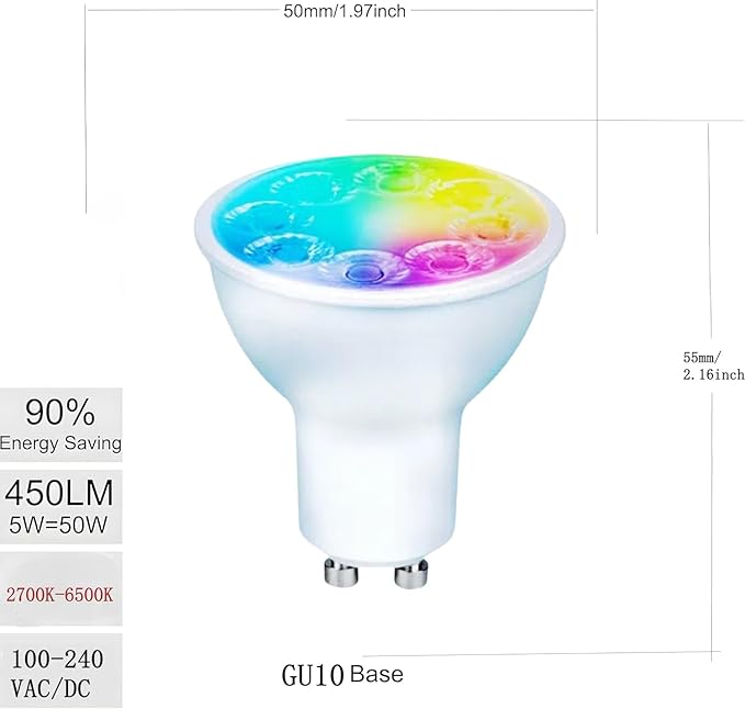 Smart Gu10 LED Bulbs Dimmable Color Changing,Gu10 RGB Bulb, WiFi & Bluetooth LED Bulb Work With Alexa Google, Adjustable 16 Million Color And Music Sync,For Living Roomn Bedroom Office Hotel Etc.2Pack