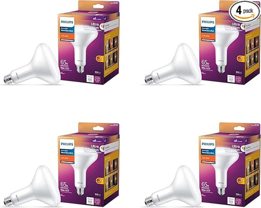 PHILIPS LED 65W BR40 4-Pack Ultra Definition Soft White (2700K) 800 Lumen (10W = 65W) Dimmable Frosted Flicker-Free Light Bulbs