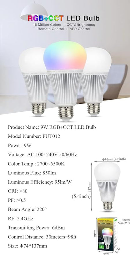 LGIDTECH Pack of 4 FUT012 RGBWW 9W Smart 2.4GHz RF WiFi LED Light Bulb E27 RGB+CCT Color Changing,Color Temperature Adjustable,Remote and Hub for Smartphone APP Control is Sold Separately