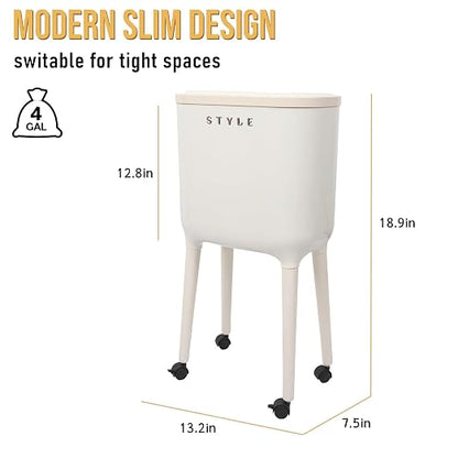 XPIY 4 Gallon Bathroom Trash Can with Wheels and Lid, Slim Garbage Bin