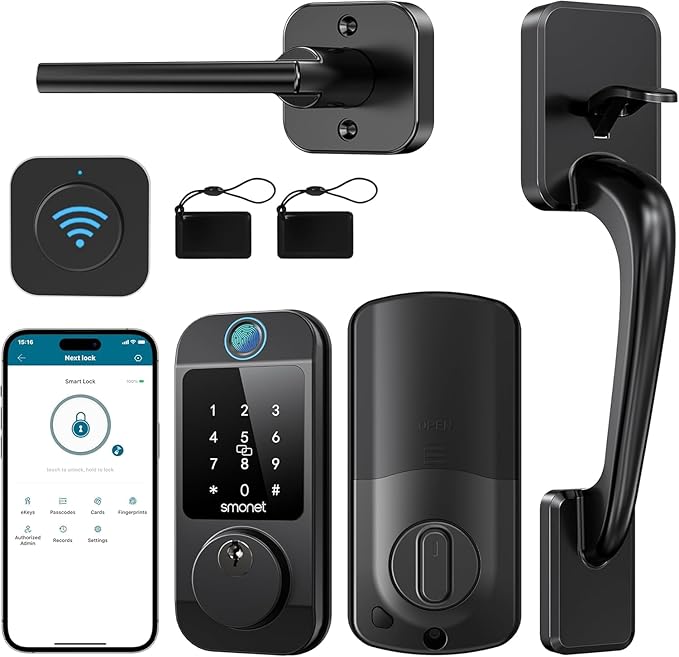 SMONET Smart Front Door Lock Set - Fingerprint Keyless Entry Door Lock Deadbolt with Handle Set Smart WiFi Deadbolt, Digital Keypad Auto Lock App Remote Control Compatible with Alexa, Black