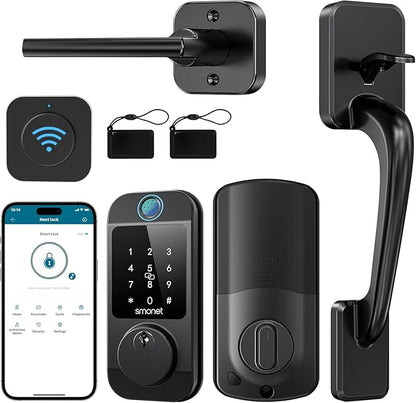 SMONET Smart Front Door Lock Set - Fingerprint Keyless Entry Door Lock Deadbolt with Handle Set Smart WiFi Deadbolt, Digital Keypad Auto Lock App Remote Control Compatible with Alexa, Black