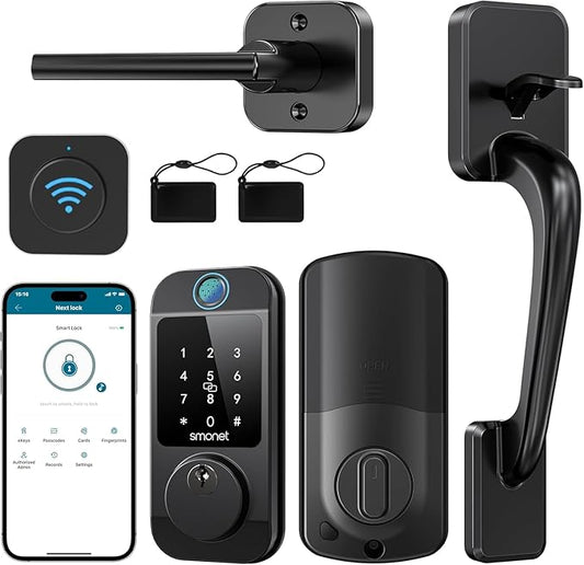 SMONET Smart Front Door Lock Set - Fingerprint Keyless Entry Door Lock Deadbolt with Handle Set Smart WiFi Deadbolt, Digital Keypad Auto Lock App Remote Control Compatible with Alexa, Black