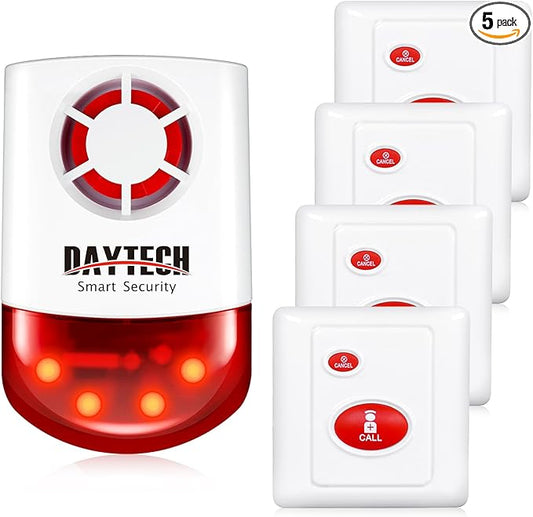 Daytech Remote Emergency Strobe Siren Alarm Kit Waterproof Outdoor Loud Panic Sos Warning System for Business Home Shop Hotel School 800ft 1 Red Flashing Siren+ 4 Call Buttons