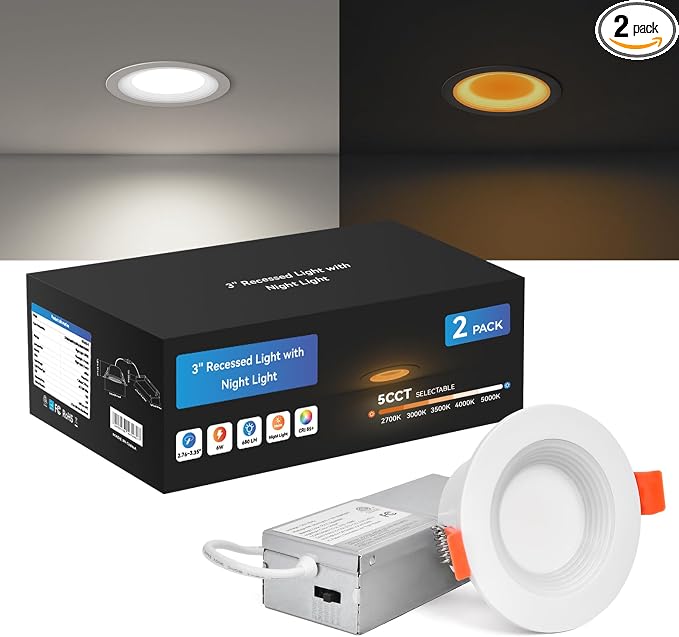 CycevSun 3 Inch LED Recessed Light with Night Light, 2 Pack, Dual Mode | 5CCT 2700K-5000K Selectable, Dimmable, Sync & Reset, Canless Downlight, Main Light 6W, Night Light 2W, ETL, IC Rated