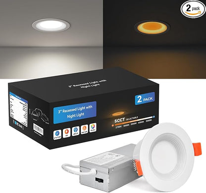 CycevSun 3 Inch LED Recessed Light with Night Light, 2 Pack, Dual Mode | 5CCT 2700K-5000K Selectable, Dimmable, Sync & Reset, Canless Downlight, Main Light 6W, Night Light 2W, ETL, IC Rated