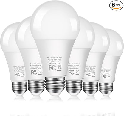 6-Pack 14W LED Dimmable Light Bulbs 100 Watt Equivalent, A19 LED Light bulbs Bright 1500LM LED Bulbs with E26 Standard Medium Base for Kitchen Bedroom Office Indoor, No Flicker, Warm White 3000K