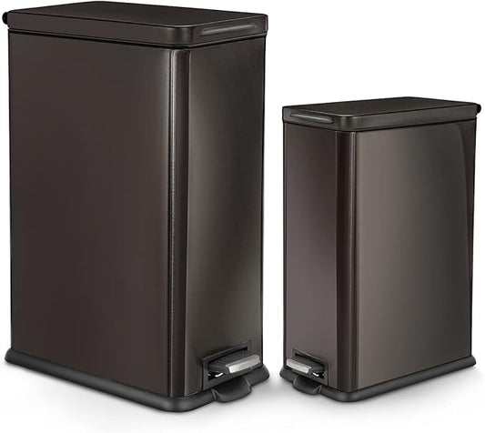Home Zone Living 8 Gallon and 3 Gallon Slim Black Stainless Steel Trash Can Combo Set with Soft-Close Lid and Bag Tuck Design