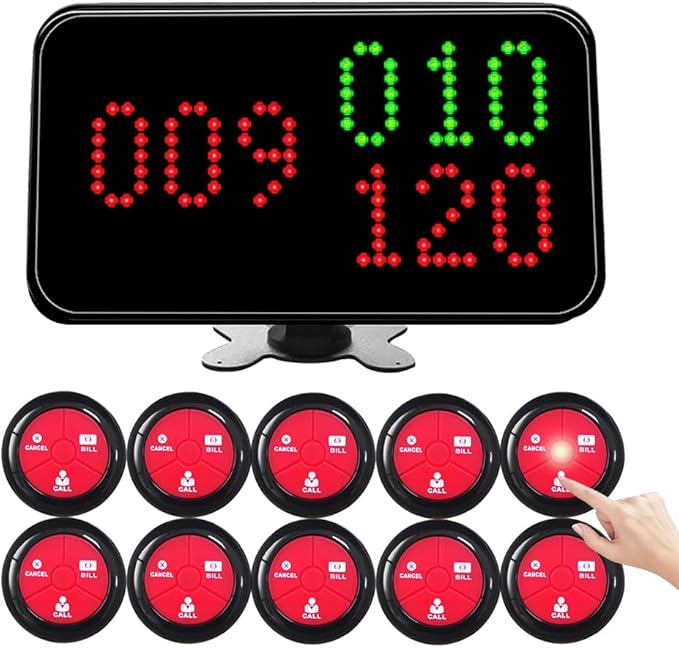 Wireless Restaurant Table Call System 3-Digit Wireless Waiter Pagers for Restaurant Food City Cafe 1 Number Displays and 10 Call Button with Call/Bill/Cancel (Black-red)