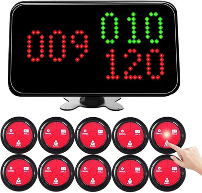 Wireless Restaurant Table Call System 3-Digit Wireless Waiter Pagers for Restaurant Food City Cafe 1 Number Displays and 10 Call Button with Call/Bill/Cancel (Black-red)