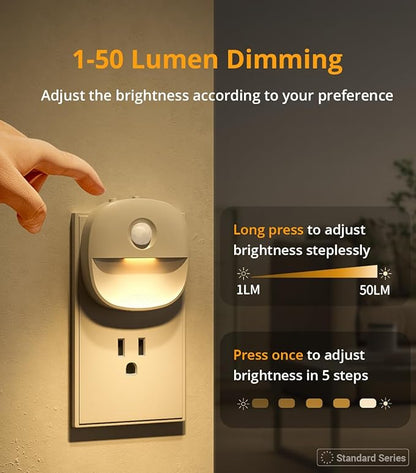 Lyridz Plug in Night Light with Motion Sensor and Dusk to Dawn Sensor, Dimmable Warm Nightlight with 1-50lm Adjustable Brightness Indoor for Bedroom, Bathroom, Stairs, Hallway, 2 Pack
