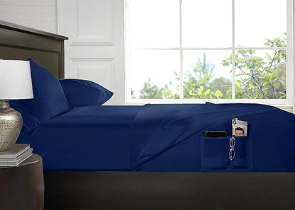 Swift Home Smart Sheets, Ultra Soft Brushed Microfiber 4-Piece Sheet Set, Fitted Bed Sheet with Side Storage Pockets – Navy, King