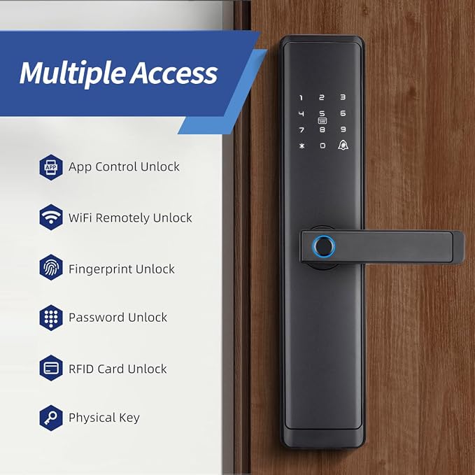 Sophies Keyless Entry Smart Lock with Handle, WiFi Door Lock, Tuya APP Control - Front Door Lock with Keypad and Anti-Peeping Password Grey