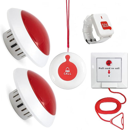Bathroom Pull Cord Alarm with Dual Receivers Waterproof Wrist SOS & Neck Call Buttons Long Range Nurse Emergency Alert with Strobe Light for Elderly Home & Hospital Care