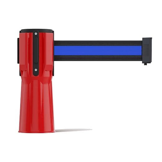 Trafford Industrial 11 ft Cone-Mounted Retractable Belt Barrier Red Case with Black with Horizontal Blue Stripe Belt