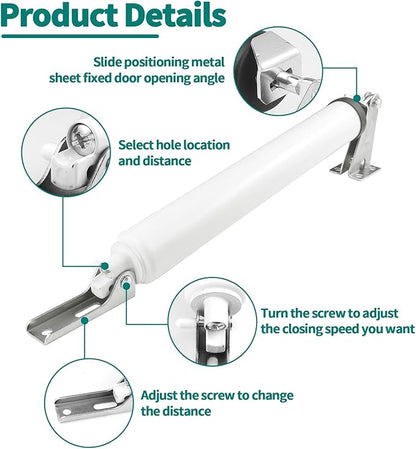 Screen and Storm Door Closer Kit, Heavy Duty Pneumatic Screen and Storm Door Closer, Screen and Storm Door Push Button Latch Set Replacement Kit, Adjust Smooth Closing Speed (White)