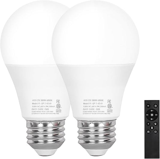 Brilvibera A19 LED Light 2 Bulbs with 1 Remote Control, 9W LED Bulbs, E26 Base, 805 LM, Dimmable Stepless 2700K-6000K, 25000 Hours Lifespan, Light Bulb for Floor Lamp, Pendant Lamp, Table Lamp