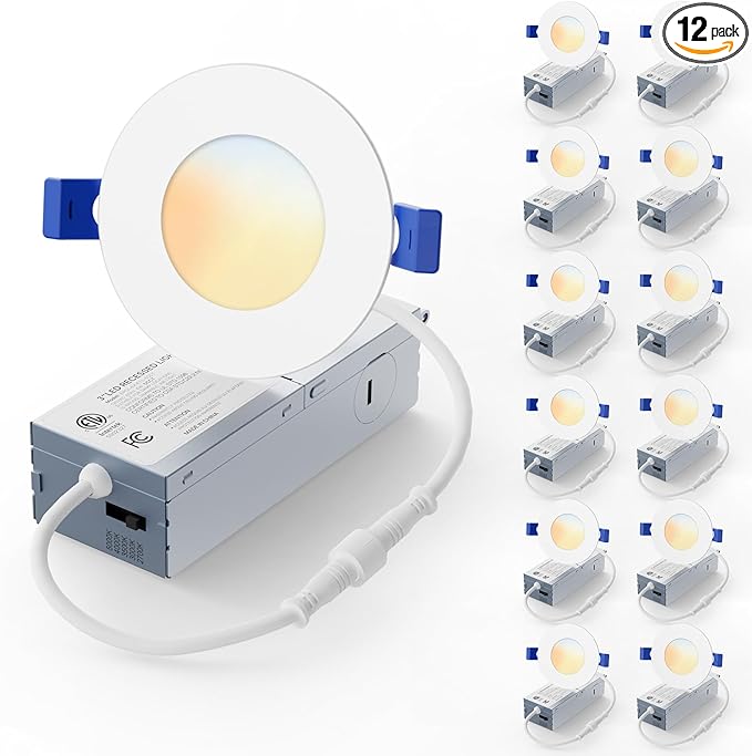 12 Pack 3 Inch LED Recessed Light, Dimmable, Damp Rated, 5CCT Selectable, 6W 500LM, 120V, Silm Canless Wafer Ceiling Light, ETL&FCC