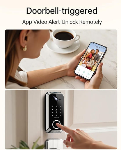 Smart Front Door Lock Sets: 2K HD Camera Lock with Doorbell Kits, Hornbill Fingerprint Keyless Entry Door Lock with Handles, WiFi Deadbolt (only 2.4G) for Remote Control, Auto Lock,Satin Nickel