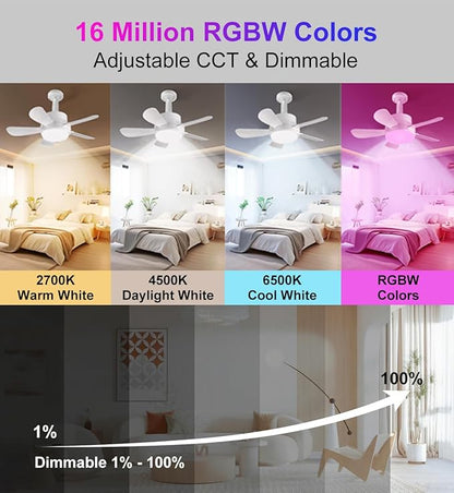 Ligency Smart Socket Fan Light with Remote, 16 inch Small Socket Ceiling Fan Light with RGBW, E26 Screw in Ceiling Light Bulb Fan, 1800Lm, Work with Alexa & Google Assistant for Garage Bedroom, White