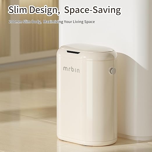 MRBIN Automatic Adsorption Metal Trash Can for Bathroom, Touchless Garbage Bin with Lid, 4.8 Gallon Slim Trash Can for Office and Bedroom, Kitchen Electric Motion Sensor Waste Basket, Cream White