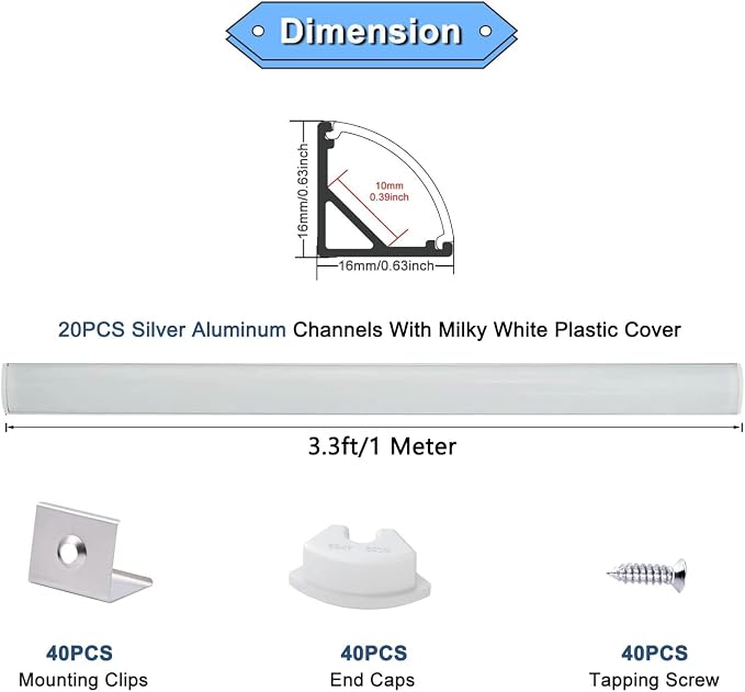 VST 20pack 3.3ft LED Channel, V Shape Led Diffuser Channel, LED Aluminum Channel System with Milky Cover, End Caps and Mounting Clips, Aluminum Profile for LED Strip Light Very Easy Installation