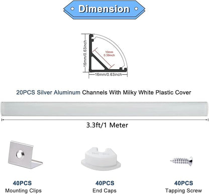VST 20pack 3.3ft LED Channel, V Shape Led Diffuser Channel, LED Aluminum Channel System with Milky Cover, End Caps and Mounting Clips, Aluminum Profile for LED Strip Light Very Easy Installation