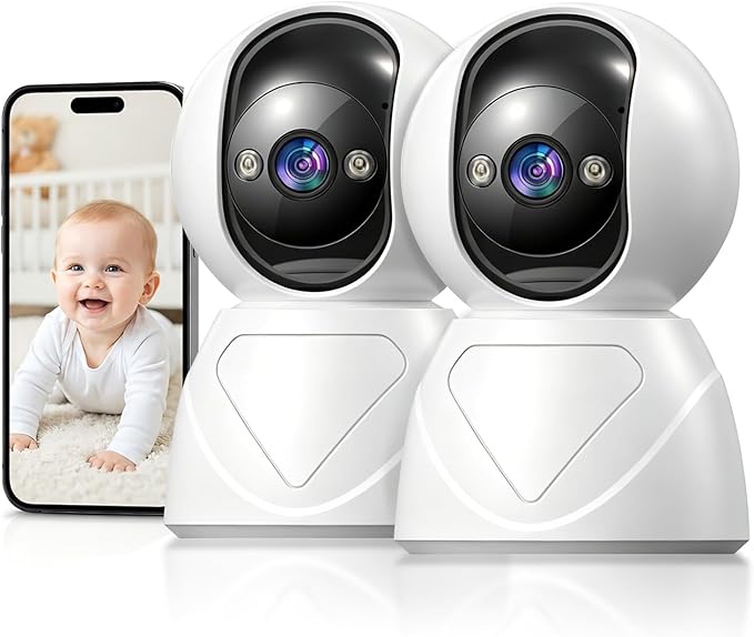 Baby Monitor with Camera and Audio, Smart Motion Tracking & 3X Zoom, Indoor Camera, Color Night Vision, 5G/2.4G WiFi, Two-Way Audio, 3MP 355° Pan Tilt, Pet Camera, SD/Cloud, 2 Pack