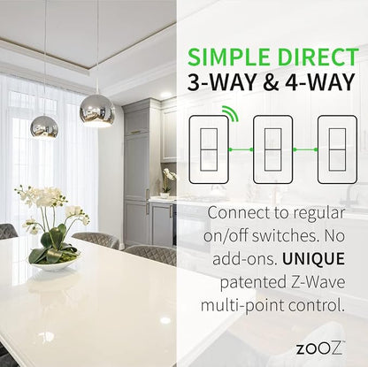 Zooz 700 Series Z-Wave Plus On/Off Toggle Switch ZEN73, White | Direct 3-Way (No Add-On Switch Needed) | Z-Wave Hub Required