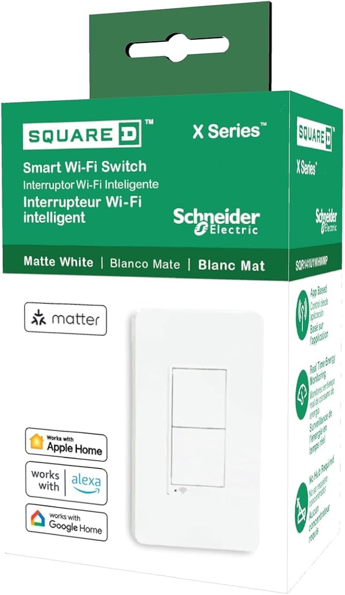 Square D by Schneider Electric X Series 15 Amp WiFi Energy Monitoring Light Switch, Single-Pole/3-way, 600 Watt, Rocker, Matter Certified, Works with Alexa, Google Home, Apple Home, Matte White
