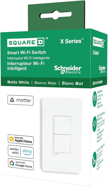 Square D by Schneider Electric X Series 15 Amp WiFi Energy Monitoring Light Switch, Single-Pole/3-way, 600 Watt, Rocker, Matter Certified, Works with Alexa, Google Home, Apple Home, Matte White