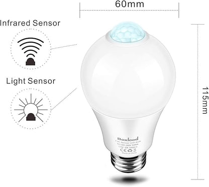 Boxlood Motion Sensor Light Bulbs, 12W(100-Watt Equivalent) PIR Motion Activated Dusk to Dawn Outdoor LED Light Bulb, E26 5000K Daylight, Perfect for Garage Front Door Porch Hallway Basement 4Piece