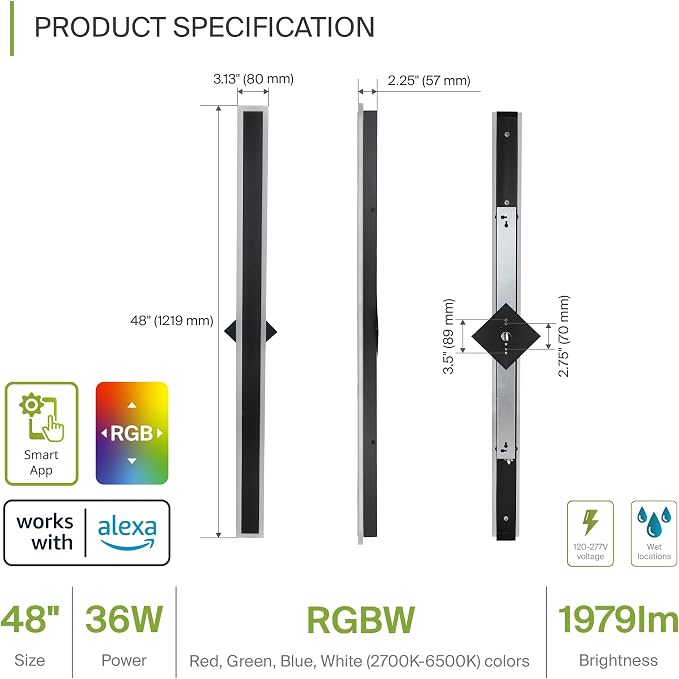 ASD LED 48" Long Wall Mount Light Fixture, Outdoor & Indoor Linear Sconce | RGBW, Smart, Waterproof, Anti-Rust, ETL Listed | 36W 1900LM 2700-6500K 100-277V | Exterior Porch Lighting | Black