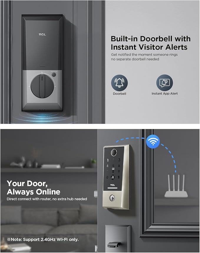 TCL Smart Lock D2 Plus, Keyless Entry Fingerprint Door Lock, Touchscreen Keypad Deadbolt Lock, Built-in Doorbell, Auto Lock, App Control, Alexa, Google Home Compatible, Easy Install for Front Door