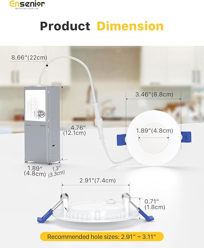 Ensenior 6 Pack 3 Inch LED Recessed Light, Dimmable, 2700K-5000K 5CCT, 500LM High Brightness, 6W 120V, Damp Rated, Ultra-Thin Canless Wafer Light - ETL & FCC & IC