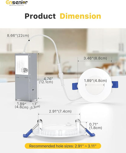 Ensenior 6 Pack 3 Inch LED Recessed Light, Dimmable, 2700K-5000K 5CCT, 500LM High Brightness, 6W 120V, Damp Rated, Ultra-Thin Canless Wafer Light - ETL & FCC & IC