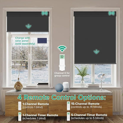 Motorized Roller Shades, 10O% Blackout Waterproof Remote Control Custom Window Shades Work with Alexa Google Assistant via RF Hub, Rechargeable Electric Blinds for Windows (Vinyl Black)