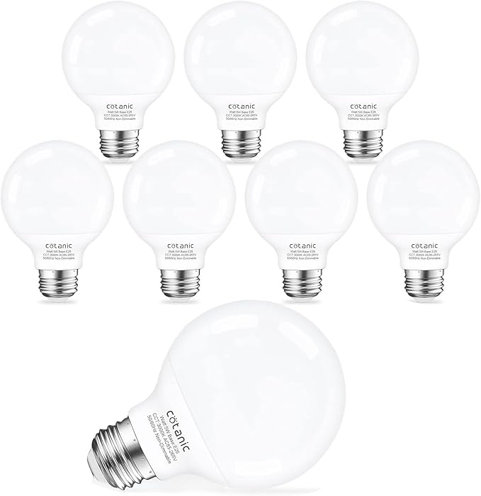 Cotanic Bathroom Round Light Bulb, E26 Standard Base, 5W, 60 Watt Equivalent Incandescent Replacement, 500LM, Non-Dimmable, 8 Pack G25 LED Vanity Light Bulb 3000K Soft White