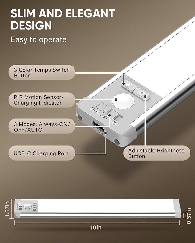MCGOR 3 Pack 10inch Under Cabinet Lighting, Rechargeable Motion Sensor Light Indoor with 3 Color Temps, Dimmable Magnetic Led Closet Lights, Wireless Under Counter Lights for Kitchen, Stairs