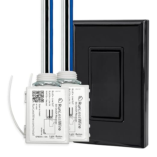 RunLessWire 2 Fixture Battery-Free DIY Kinetic Wireless Light Switch Kit 150ft RF Range for Different Fixtures or Outlets: 1 Remote Switch Controls 2 5A On/Off Receivers Simultaneously Black