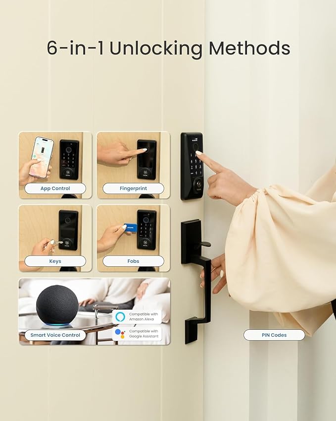 DESLOC D110 Plus Built-in Wi-Fi Smart Lock with Handle Set, Fingerprint Keyless Entry Door Lock, App Remote Control, Smart Locks for Front Door, Keypad deadbolt with Visible Display, Auto-Lock, Black
