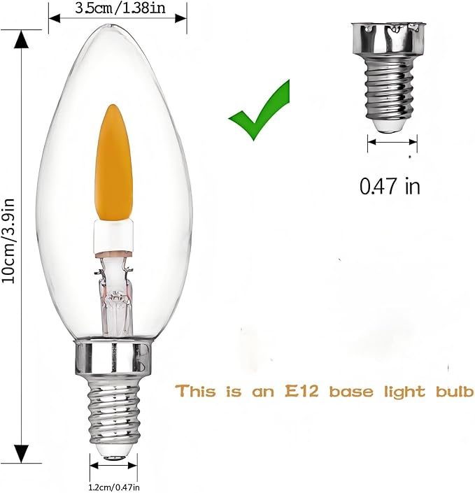 HEWA-Tech E12 Base (Miniature Screw) C35 Flame Tip Flicker Bulbs - Crystal Clear Candle Light with Orange Glow Effect for Halloween， E12 Non-Dimmable Chandelier Replacement Bulbs, 6-Pack