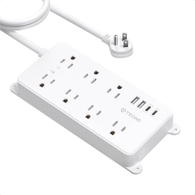 TROND Surge Protector Power Strip 10ft, ETL Listed, Flat Plug Long Extension Cord with 2 USB A and 2 USB C, 7 Widely-Spaced Outlets, Wall Mountable, 1700 Joules, White